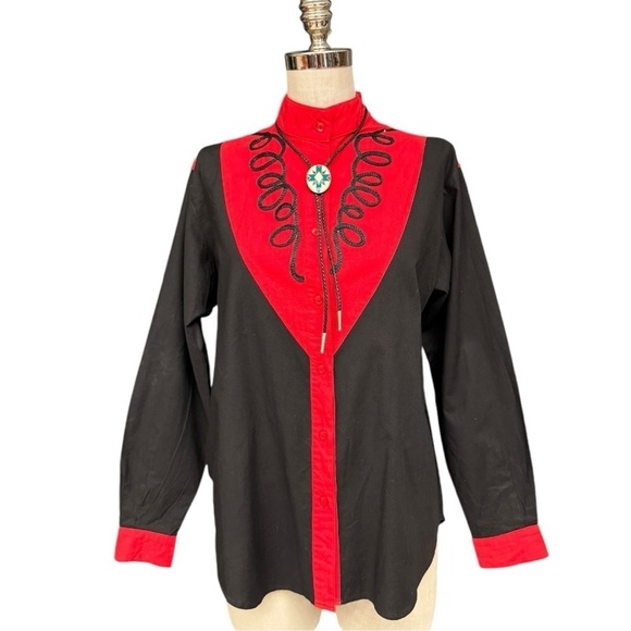 Vintage Side Saddle Western Shirt, Red and Black Cutout Detail - Picture 1 of 10